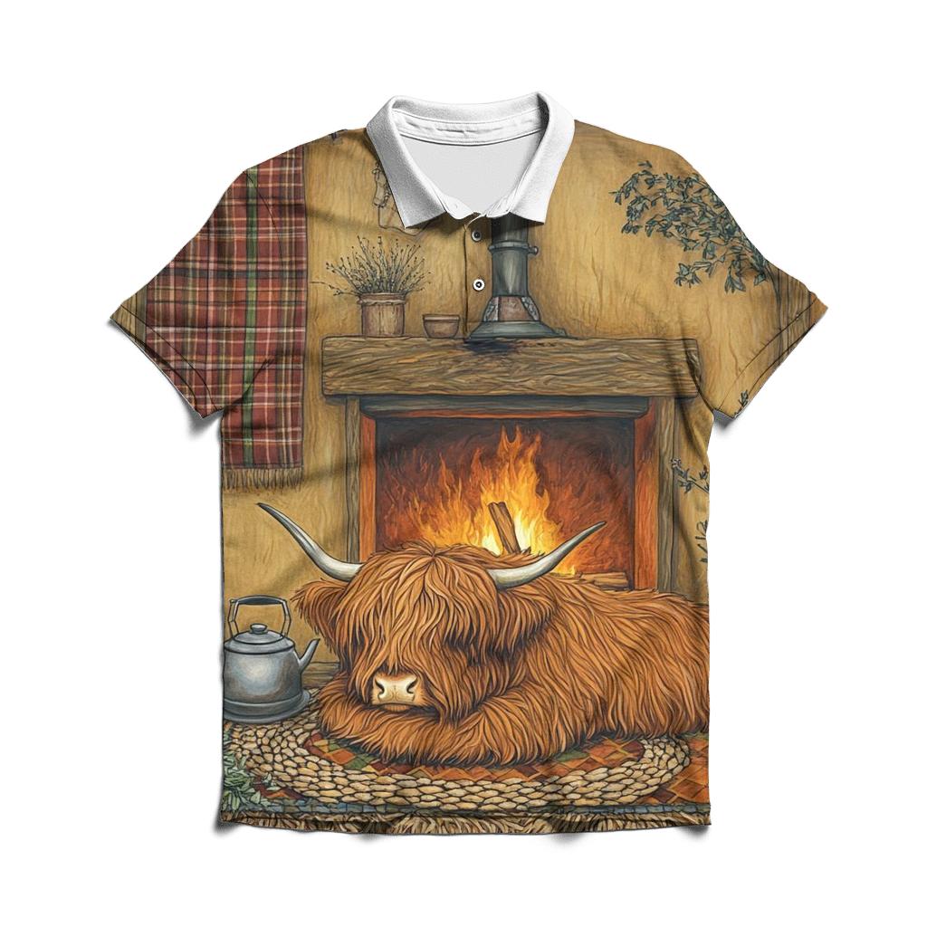 Crofthouse Hearth Highland Cow Evening embroidered polo tops