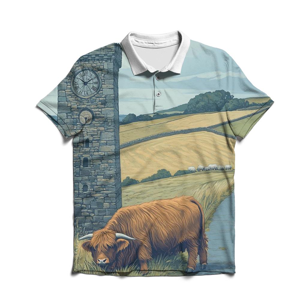Highland Cow Timekeeper At The Standing Clock designer slim fit polos