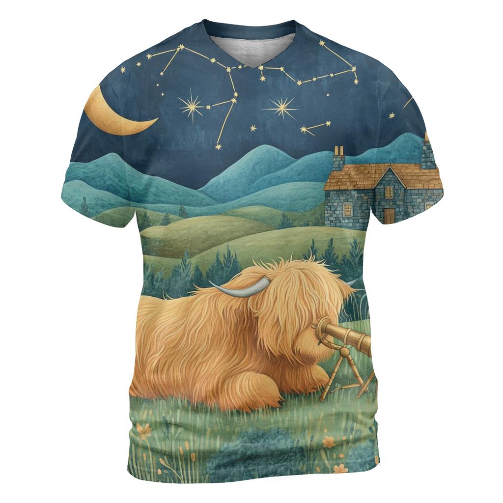 Stargazing Highland Cow Over The Moonlit Glen custom all-over print shirts