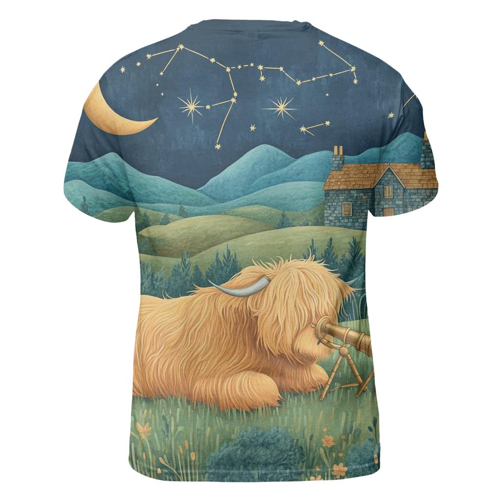 Stargazing Highland Cow Over The Moonlit Glen custom all-over print shirts