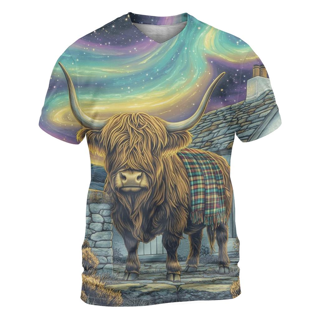 Celestial Bothy With Highland Cow Guardian artistic all-over print tops