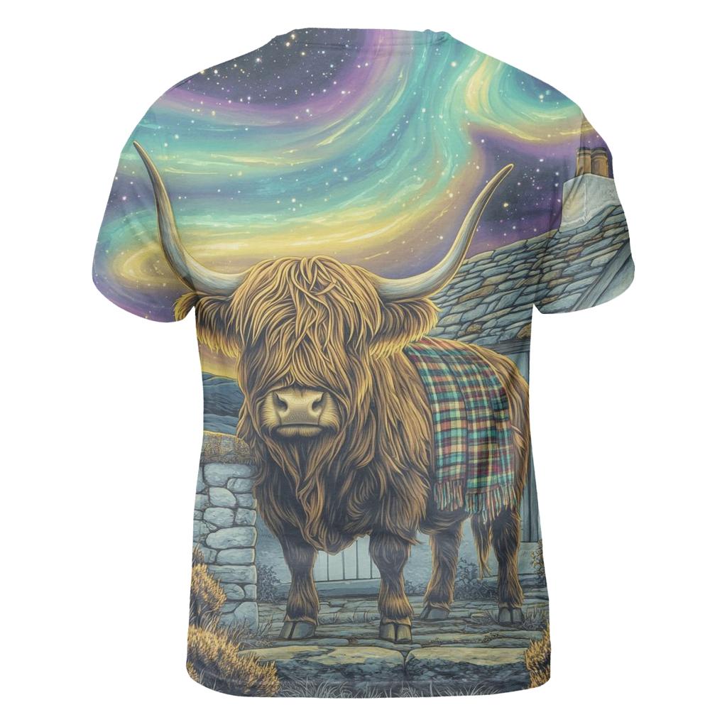 Celestial Bothy With Highland Cow Guardian artistic all-over print tops