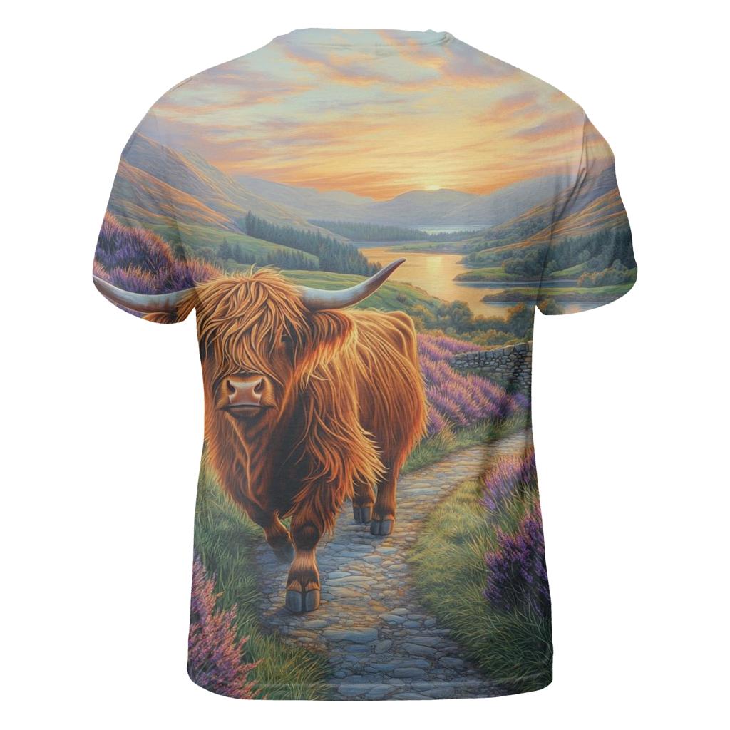 Morning Heather Path For A Highland Cow Wanderer statement graphic shirts