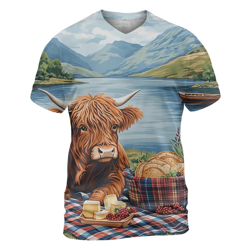 Lochside Picnic With Highland Cow Friend vibrant all-over design tees