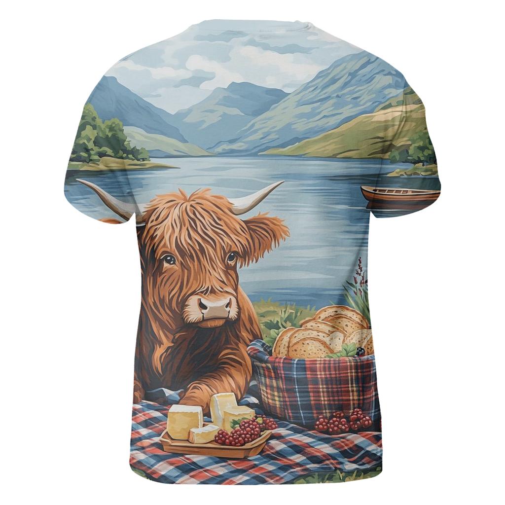 Lochside Picnic With Highland Cow Friend vibrant all-over design tees