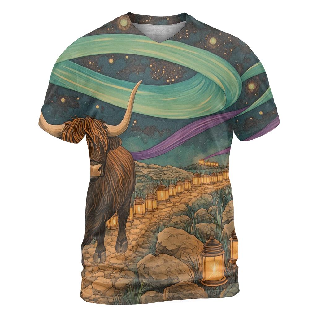 Aurora Trail Highland Cow Trek creative print fashion shirts