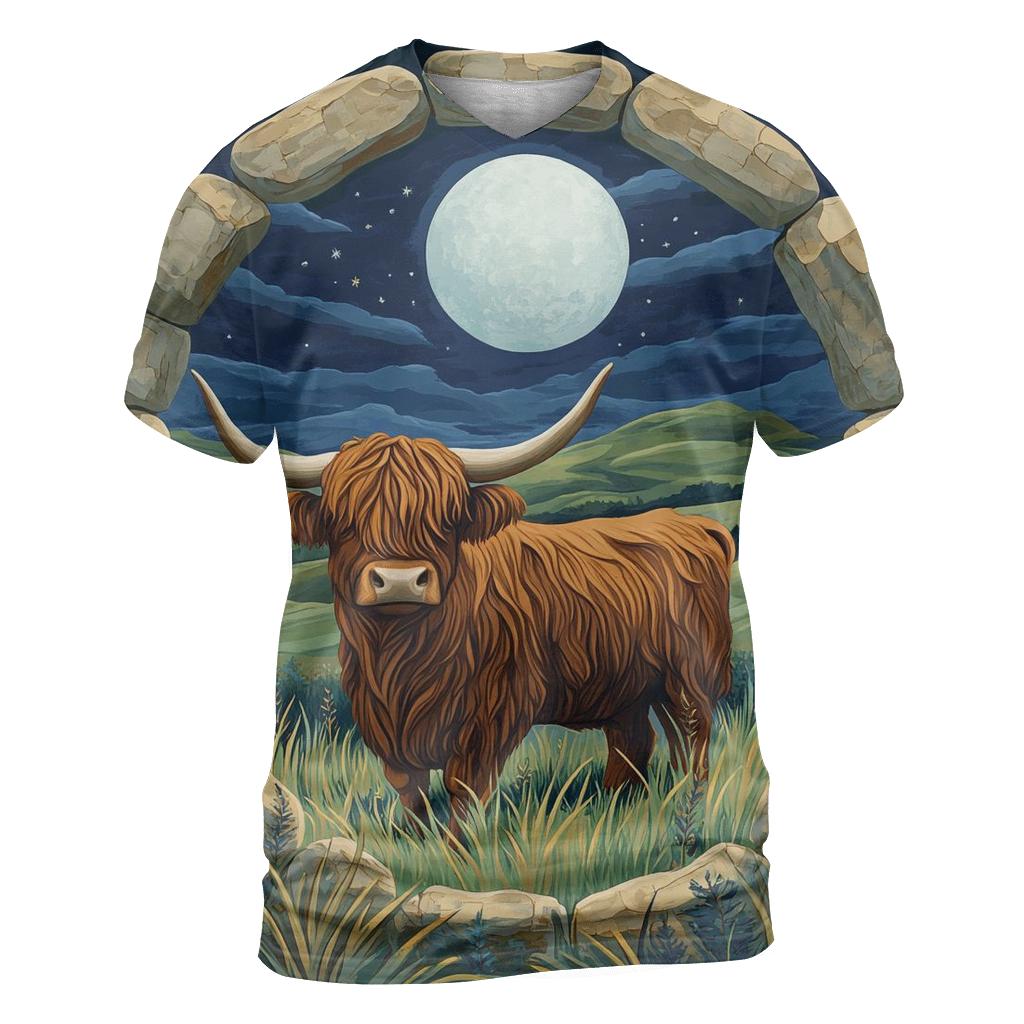 Moonlit Stone Circle Highland Cow Watcher unique graphic print tees
