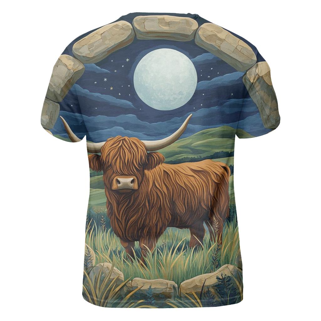 Moonlit Stone Circle Highland Cow Watcher unique graphic print tees
