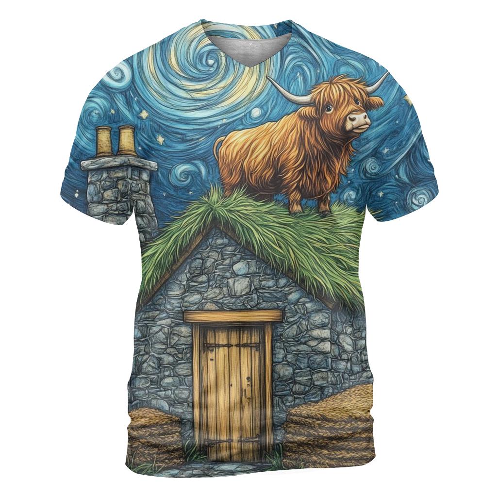 Highland Cow Stargazer On Crofthouse Roof trendy printed shirt styles