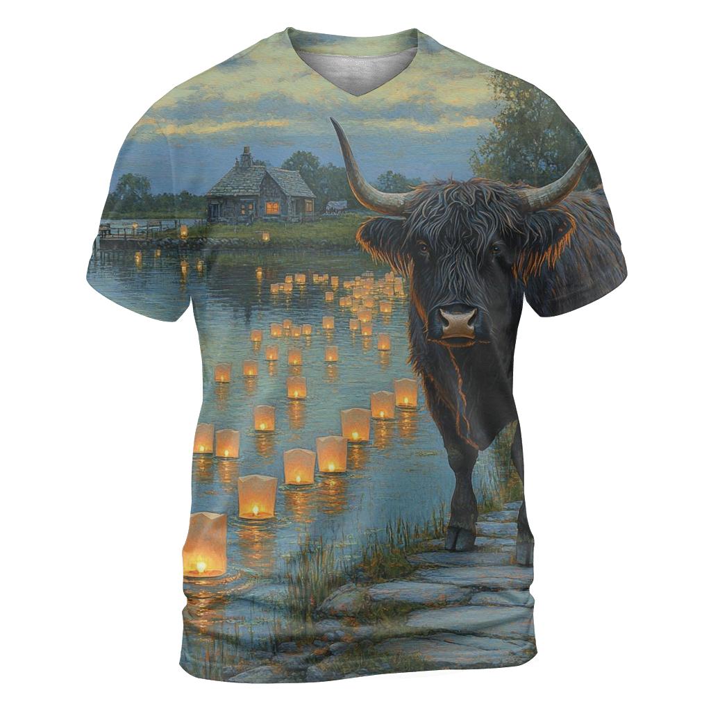 Highland Cow Keeper Of The Loch Lights vibrant all-over design tees
