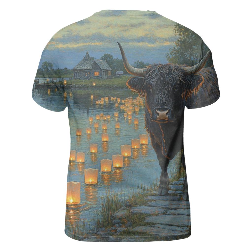 Highland Cow Keeper Of The Loch Lights vibrant all-over design tees