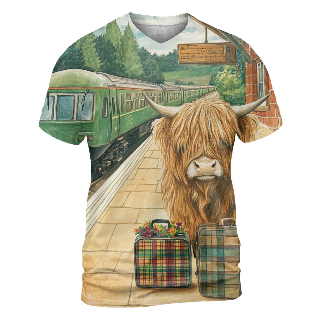 Railway Platform Highland Cow Commuter vibrant all-over design tees