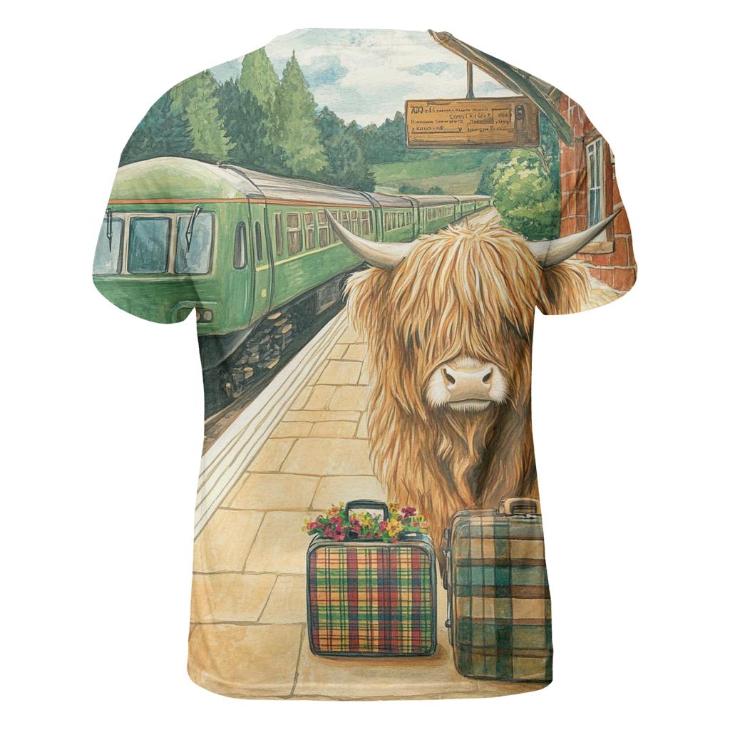 Railway Platform Highland Cow Commuter vibrant all-over design tees