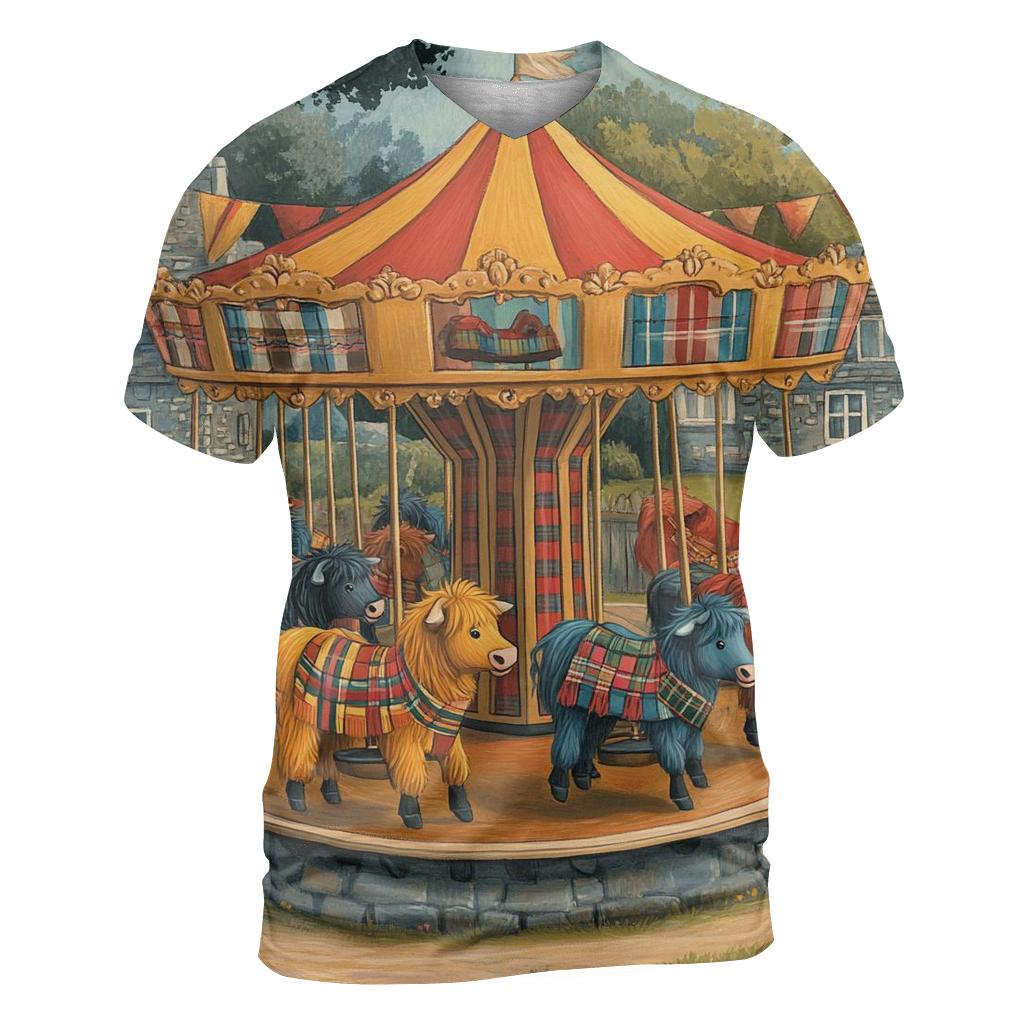 Village Fairground Highland Cow Carousel designer pattern shirts