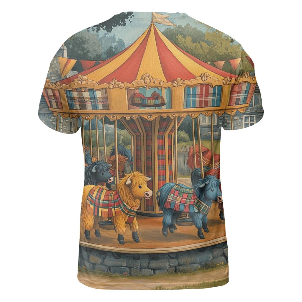 Village Fairground Highland Cow Carousel designer pattern shirts