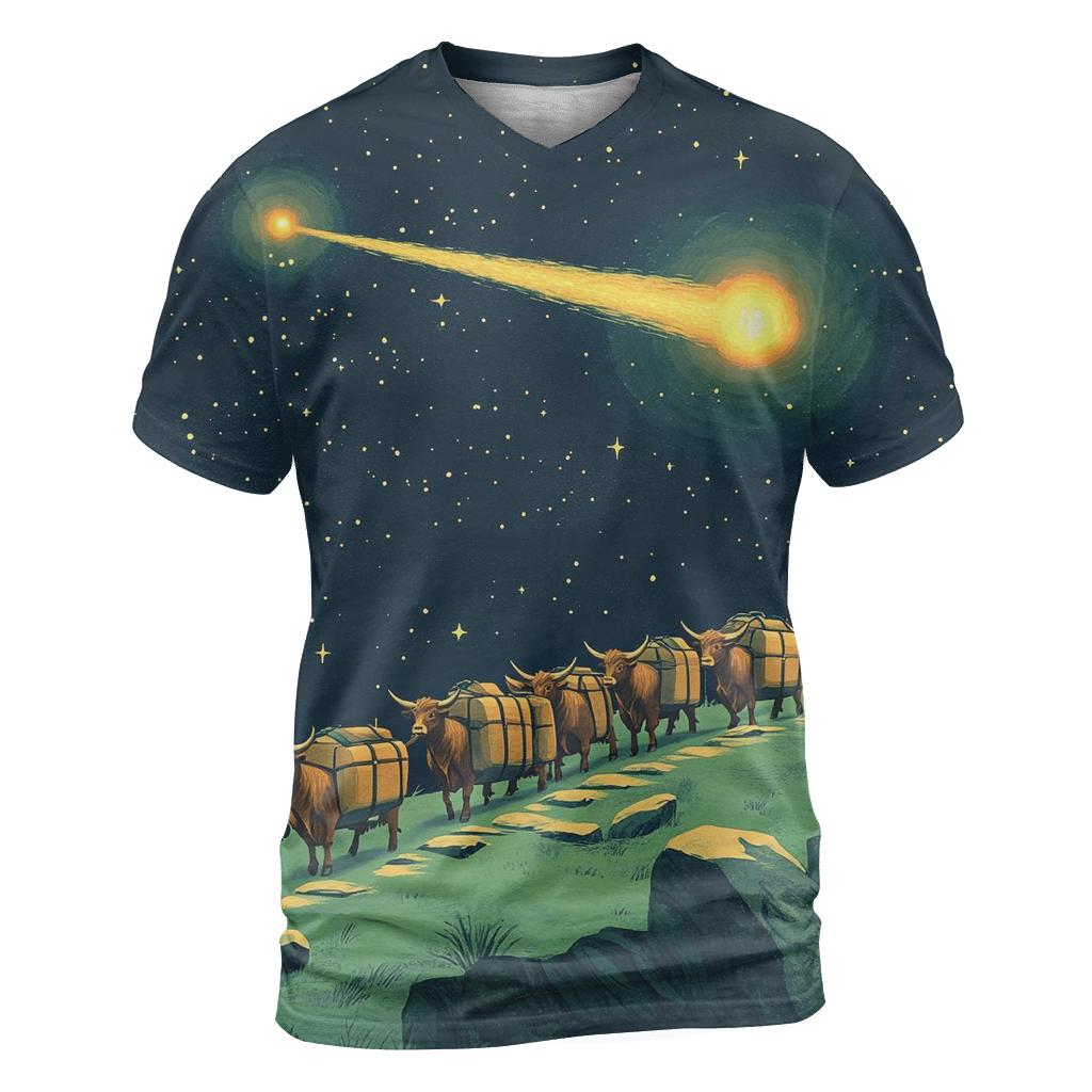 Comet Crossing With Highland Cow Caravan vibrant all-over design tees