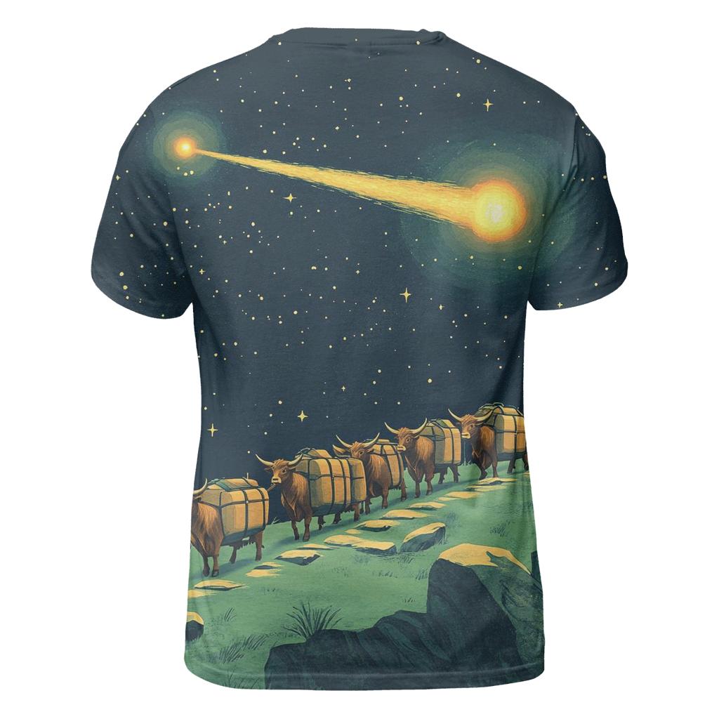 Comet Crossing With Highland Cow Caravan vibrant all-over design tees