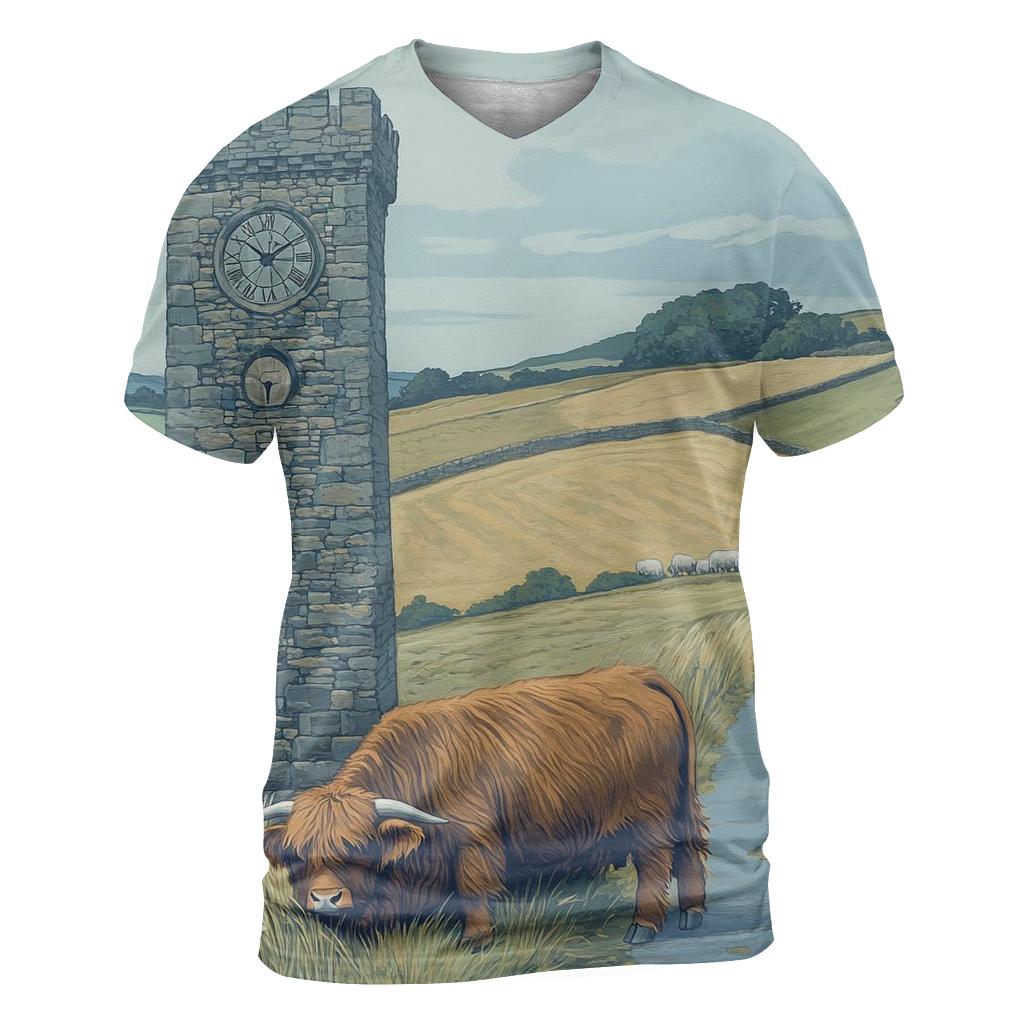 Highland Cow Timekeeper At The Standing Clock creative print fashion shirts