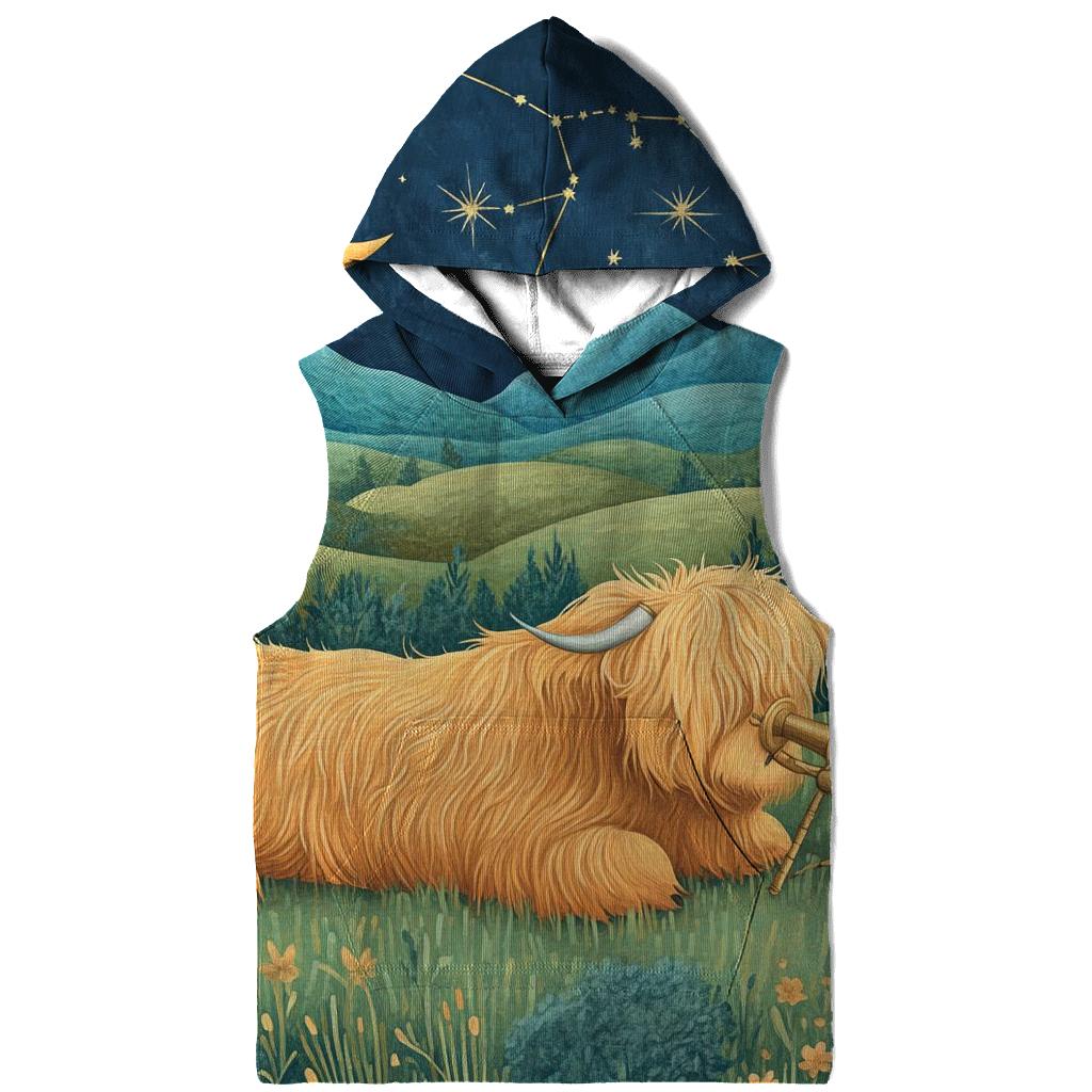 Stargazing Highland Cow Over The Moonlit Glen heavyweight hoodies