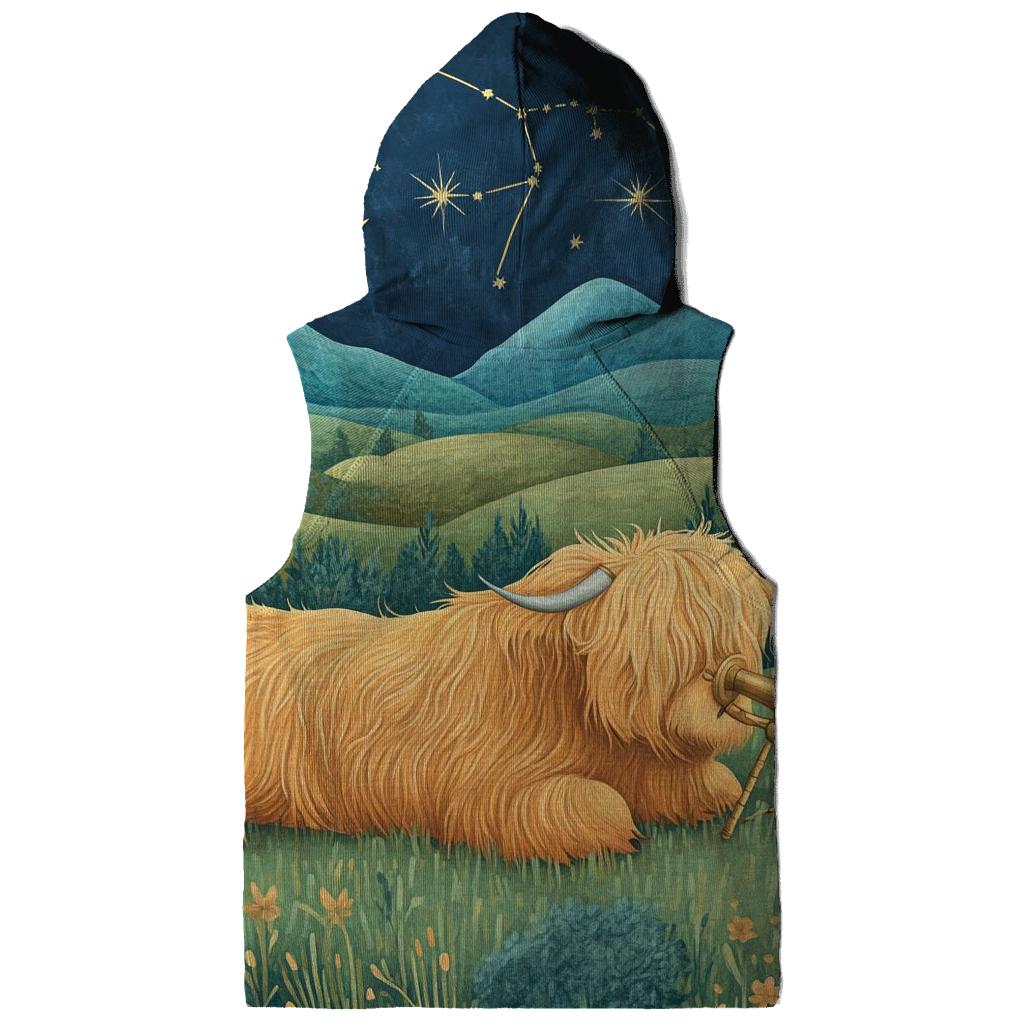 Stargazing Highland Cow Over The Moonlit Glen heavyweight hoodies