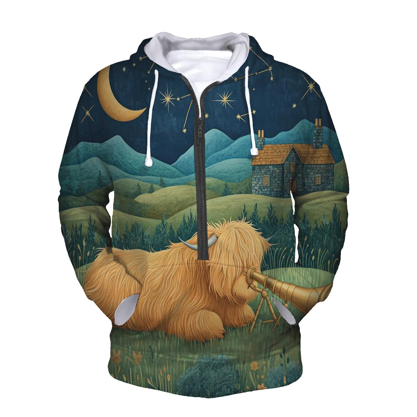 Stargazing Highland Cow Over The Moonlit Glen zip-up hoodies
