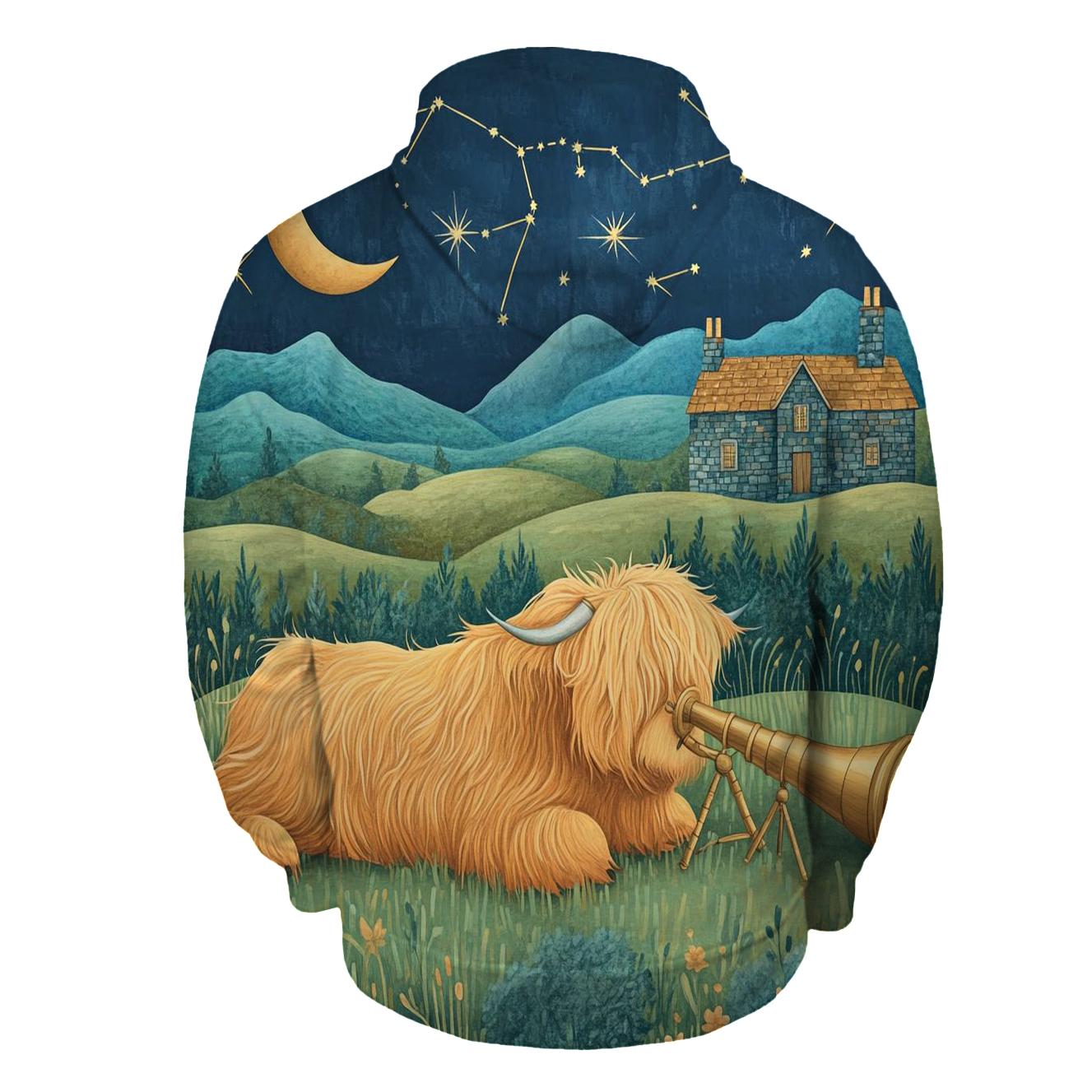 Stargazing Highland Cow Over The Moonlit Glen zip-up hoodies
