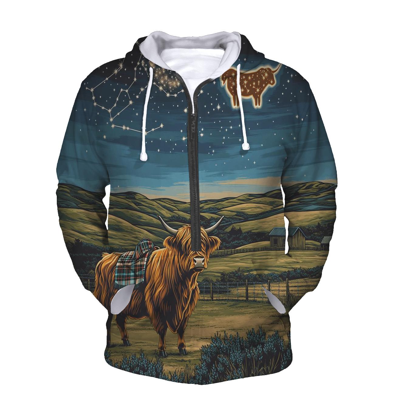 Highland Cow Constellation Over Crofters Field designer hoodies