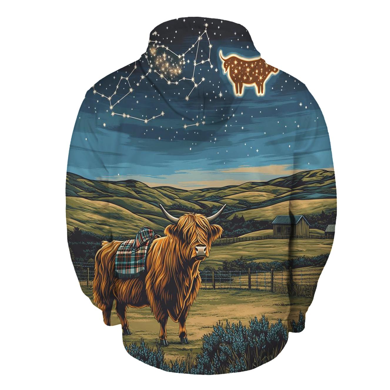 Highland Cow Constellation Over Crofters Field designer hoodies