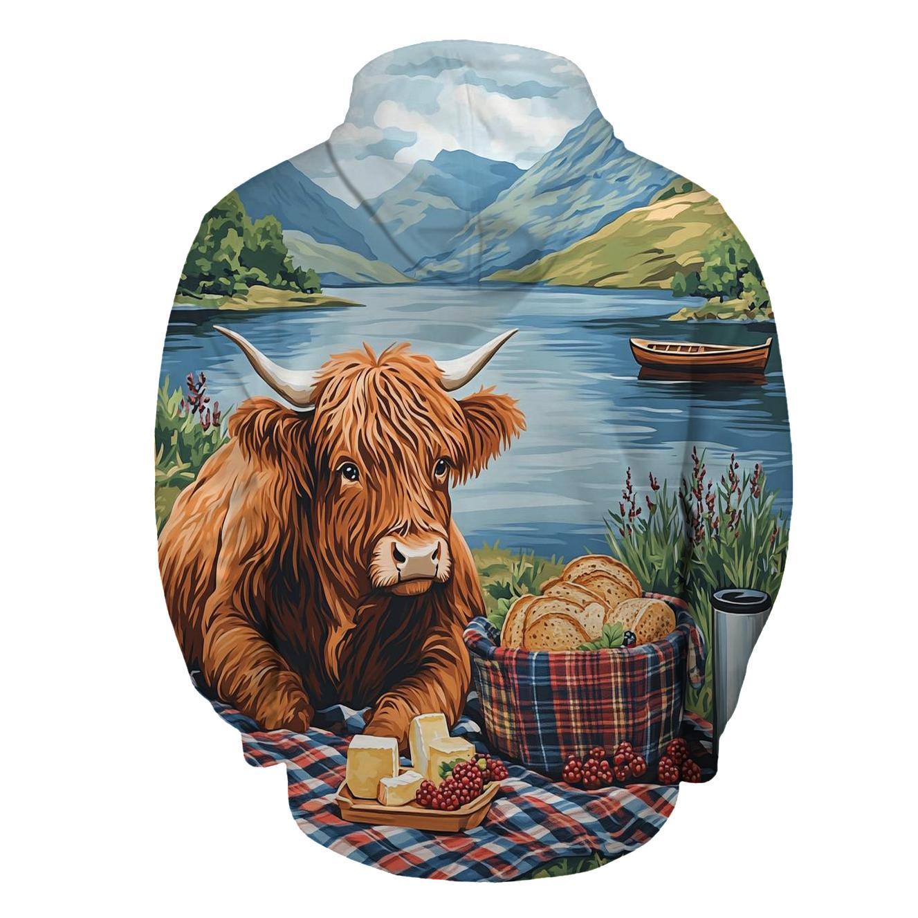 Lochside Picnic With Highland Cow Friend graphic hoodies