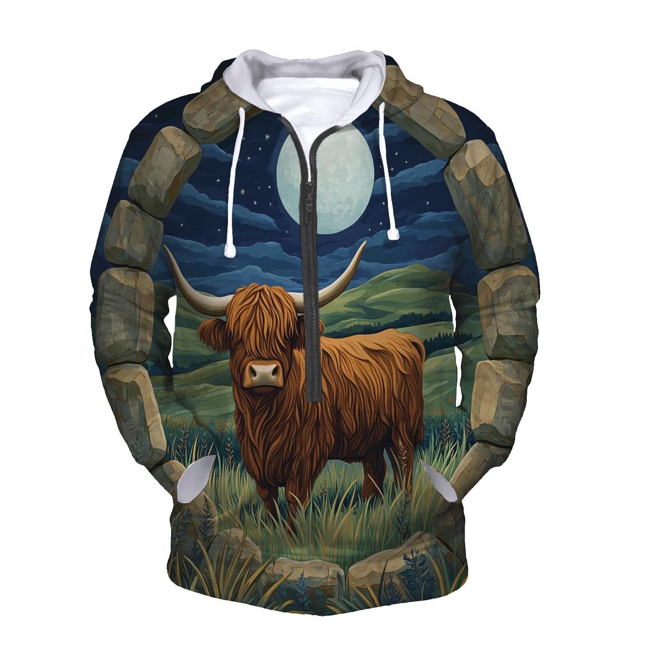 Moonlit Stone Circle Highland Cow Watcher pullover hoodies