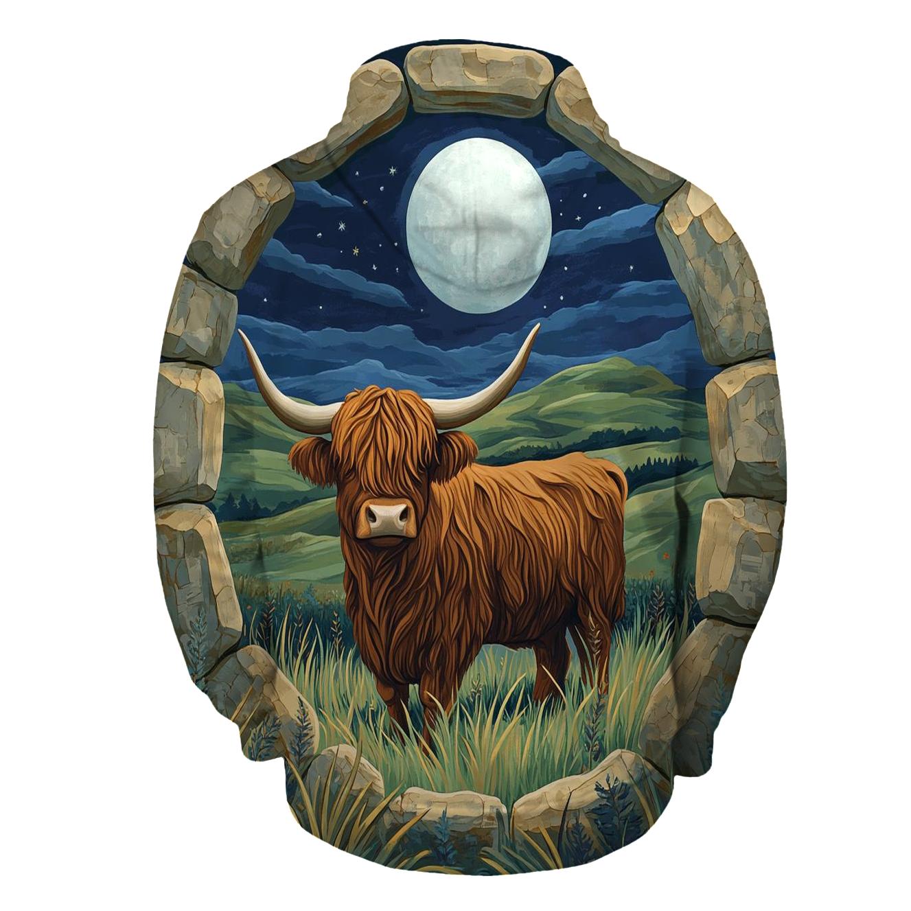 Moonlit Stone Circle Highland Cow Watcher pullover hoodies