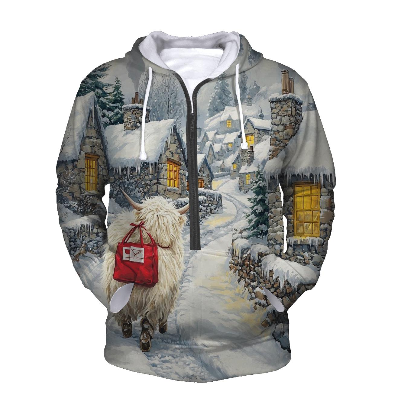 Snowy Village Highland Cow Postie hoodies fashion
