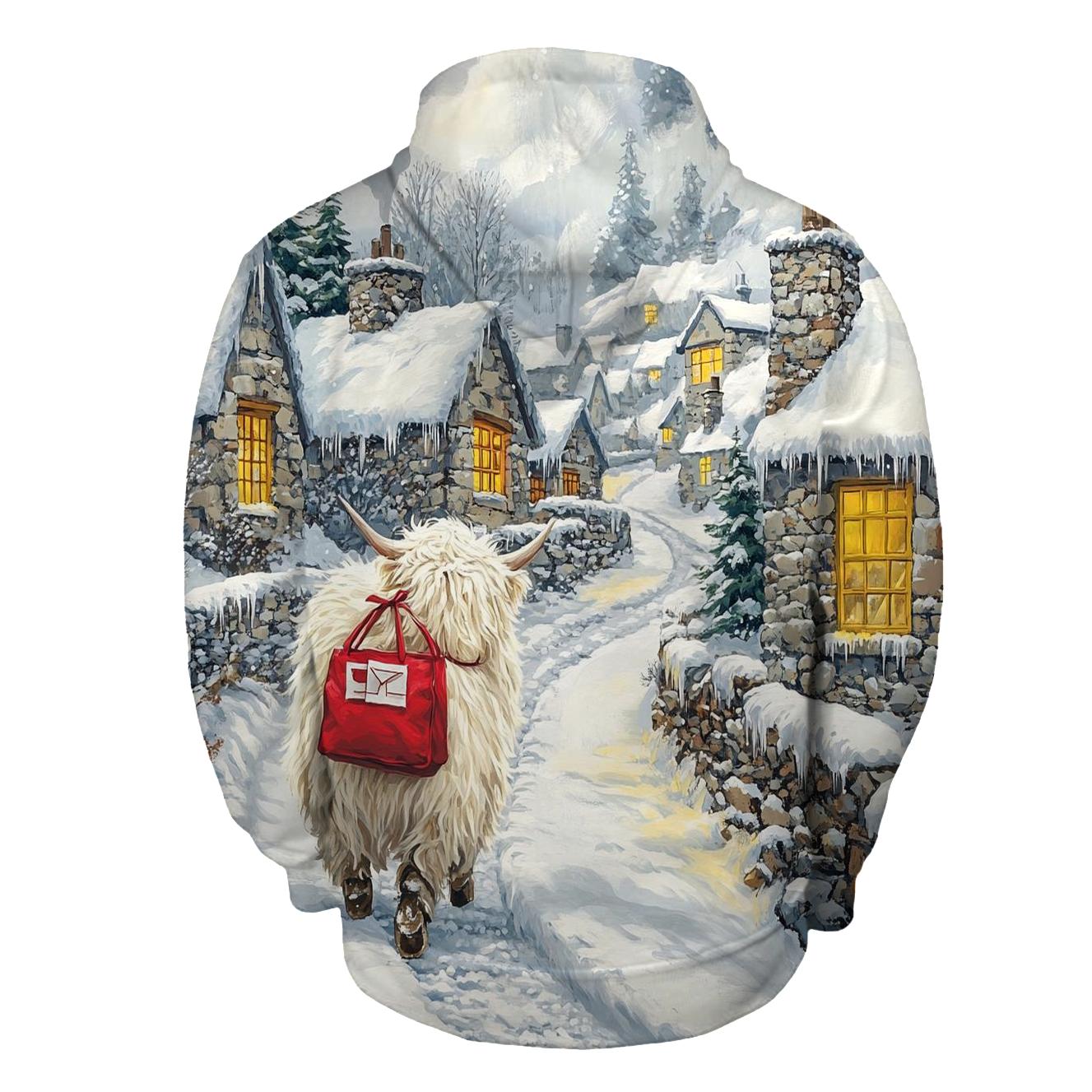 Snowy Village Highland Cow Postie hoodies fashion
