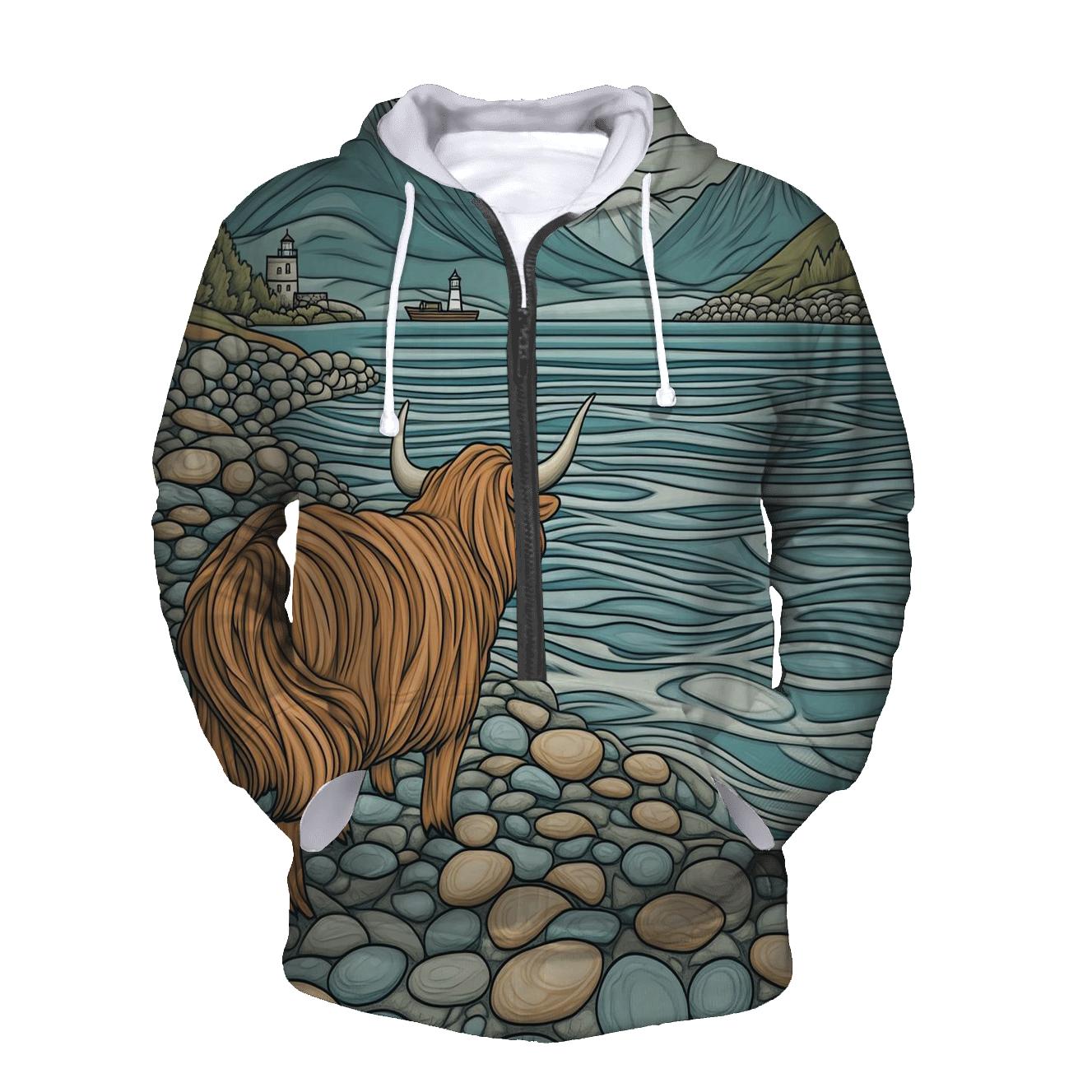 Pebble Shore Highland Cow Tide Watch graphic hoodies