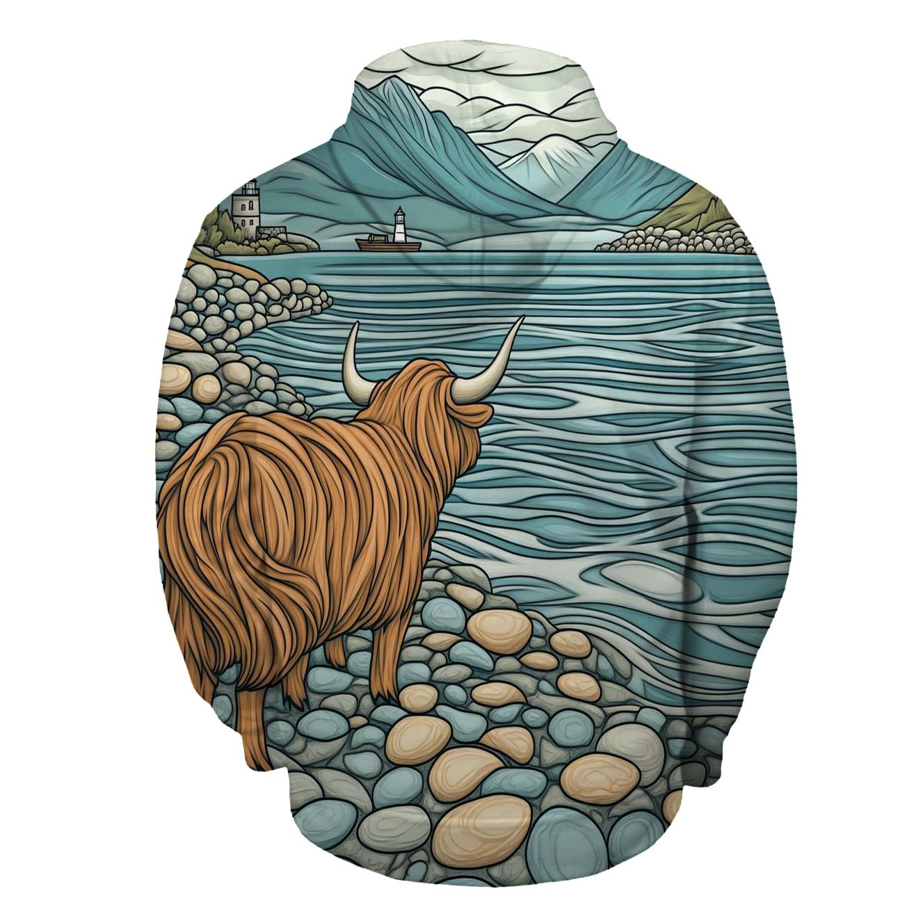 Pebble Shore Highland Cow Tide Watch graphic hoodies