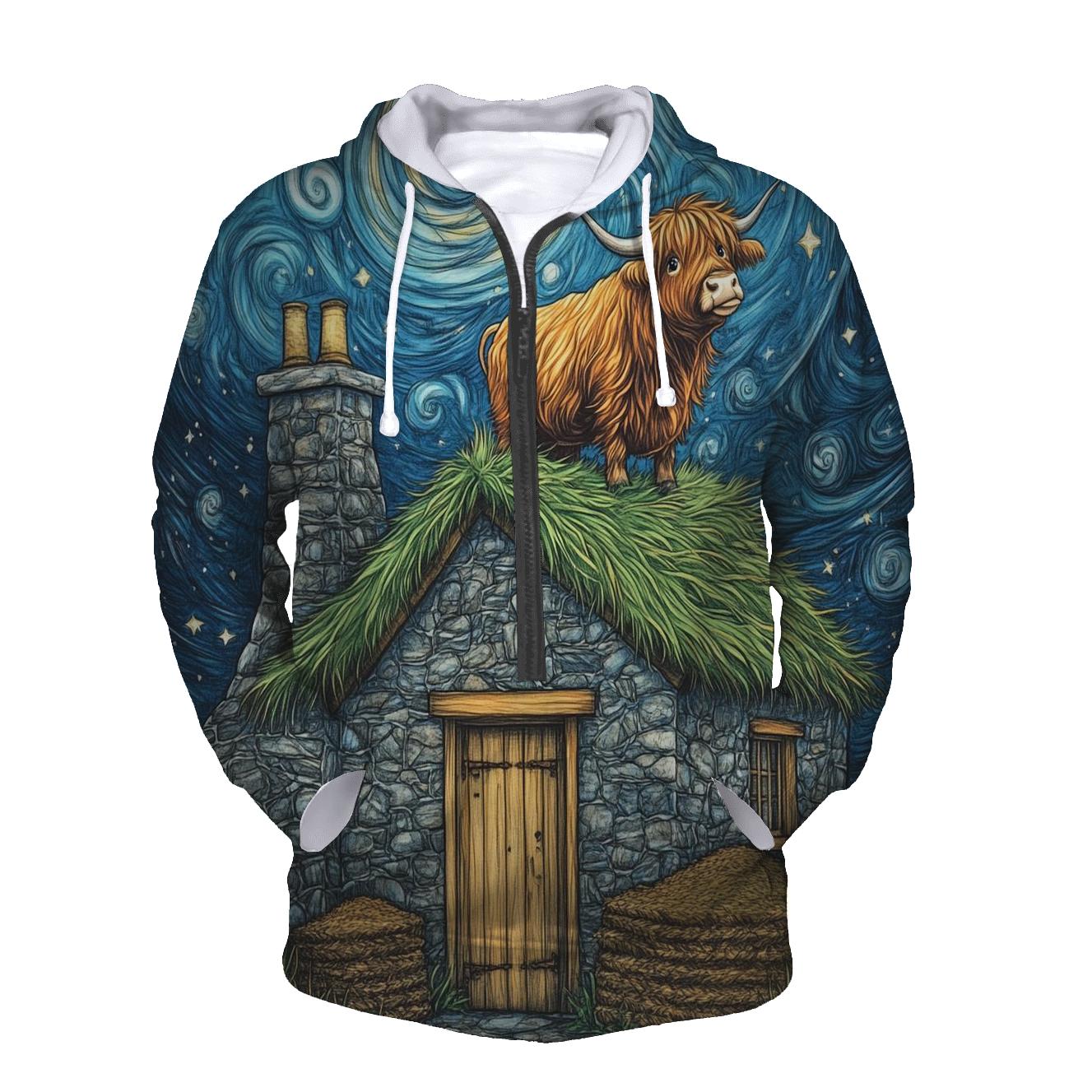 Highland Cow Stargazer On Crofthouse Roof hoodie designs