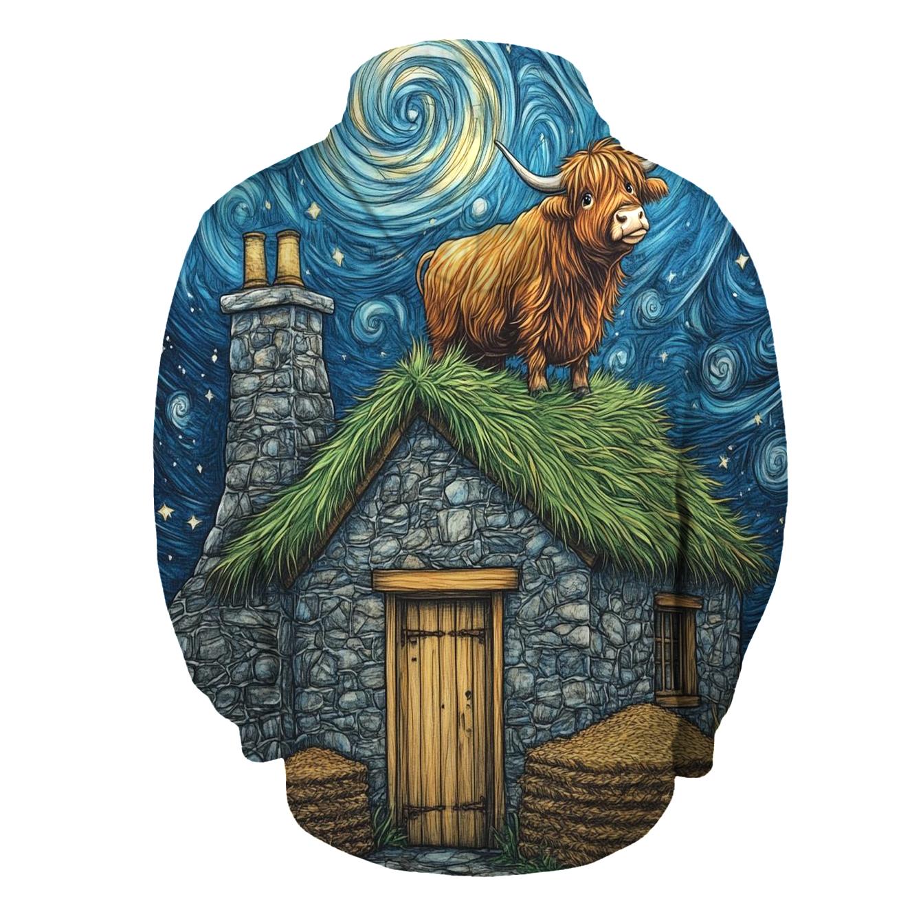 Highland Cow Stargazer On Crofthouse Roof hoodie designs