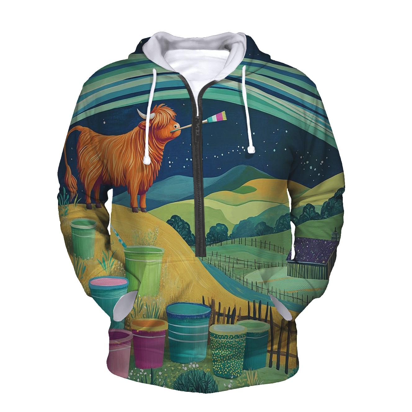 Highland Cow Painter Of The Aurora Skies designer hoodies