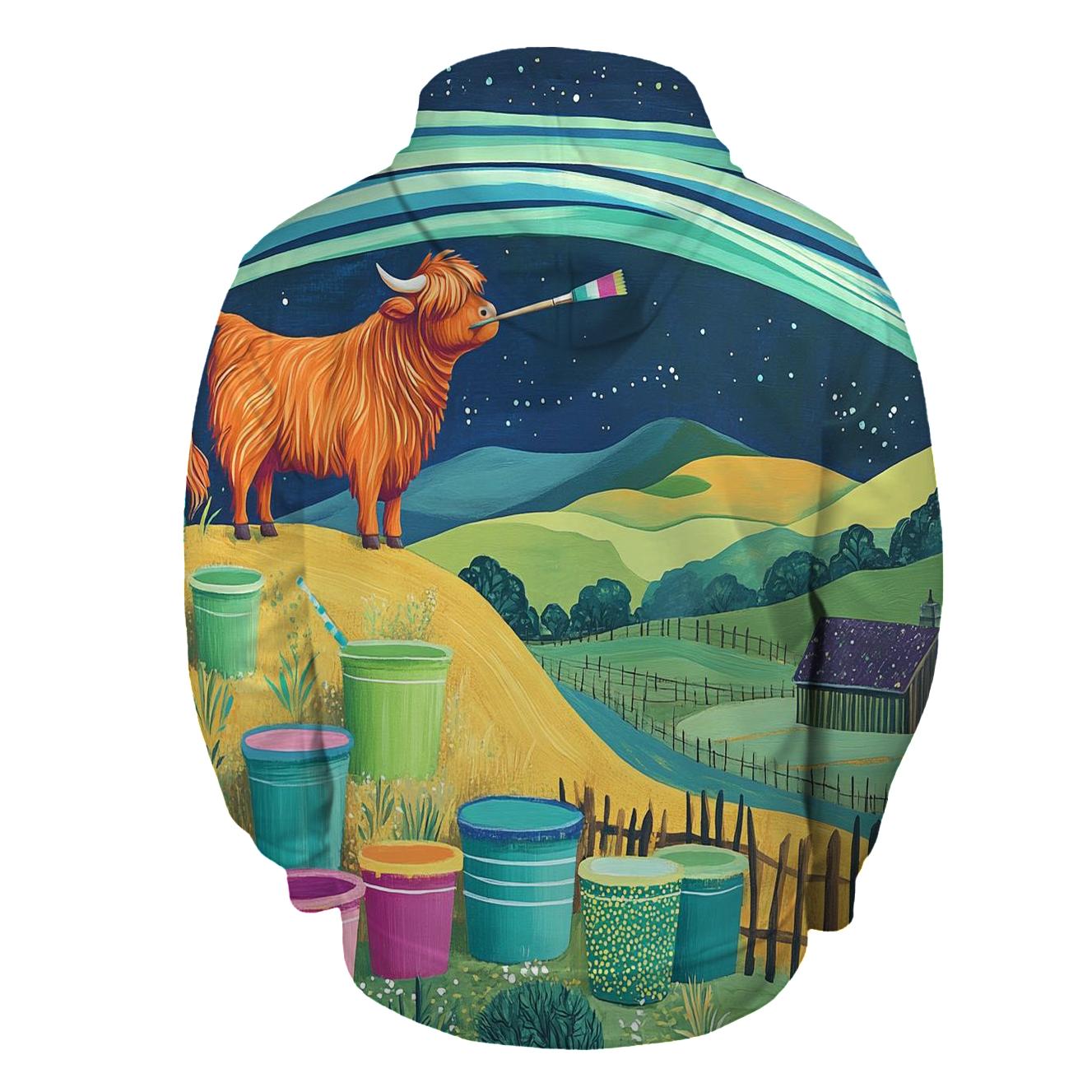 Highland Cow Painter Of The Aurora Skies designer hoodies
