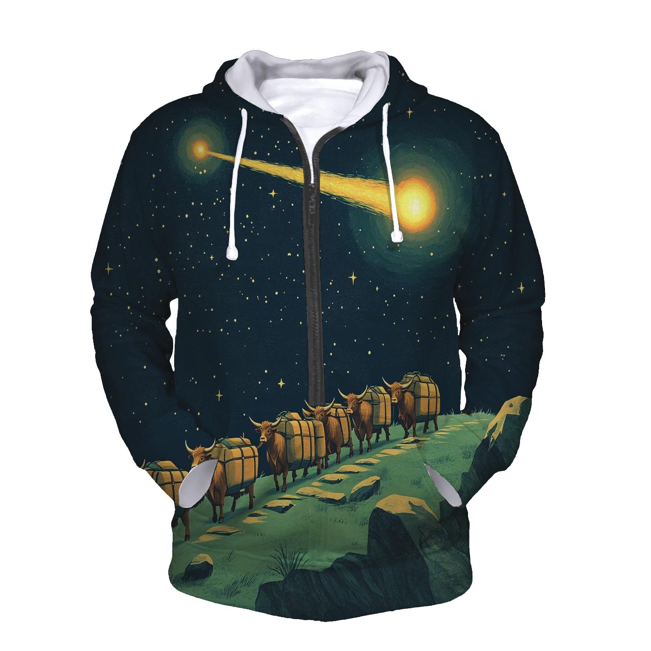 Comet Crossing With Highland Cow Caravan zip-up hoodies