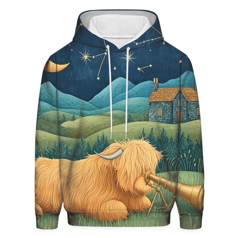 Stargazing Highland Cow Over The Moonlit Glen pullover hoodies