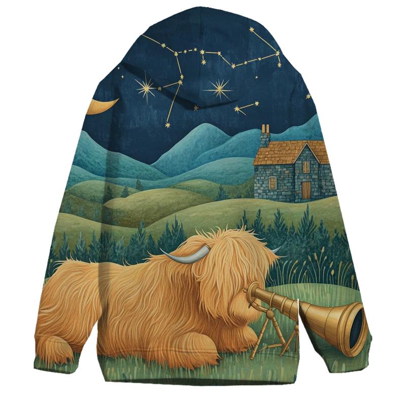 Stargazing Highland Cow Over The Moonlit Glen pullover hoodies