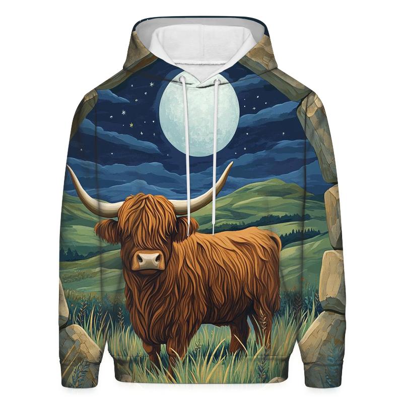 Moonlit Stone Circle Highland Cow Watcher hoodie trends