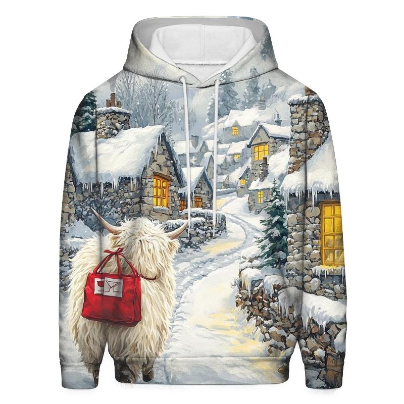 Snowy Village Highland Cow Postie printed hoodies