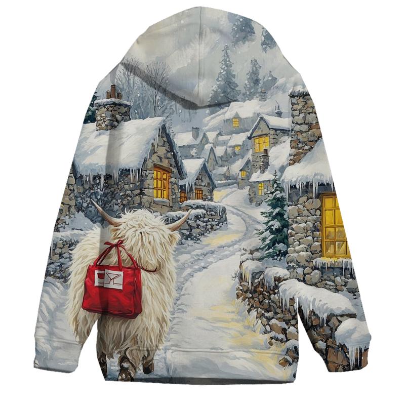 Snowy Village Highland Cow Postie printed hoodies