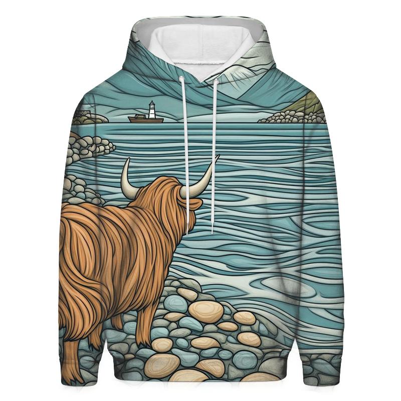 Pebble Shore Highland Cow Tide Watch custom hoodies