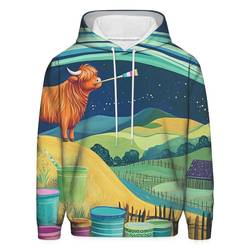 Highland Cow Painter Of The Aurora Skies graphic hoodies