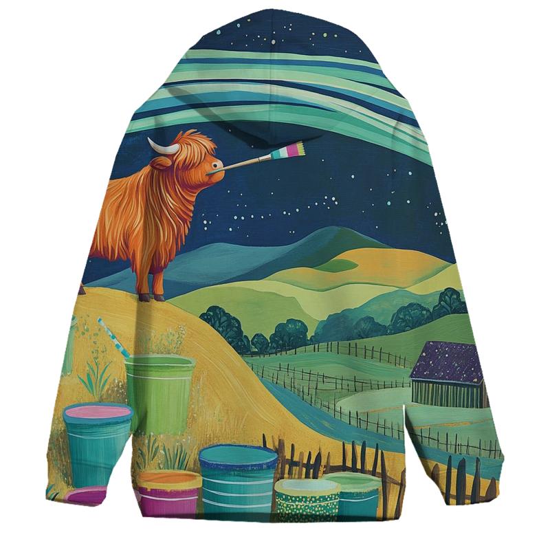 Highland Cow Painter Of The Aurora Skies graphic hoodies