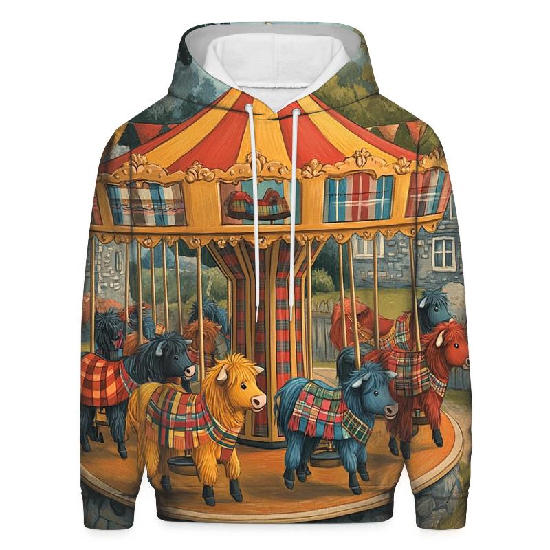 Village Fairground Highland Cow Carousel embroidered hoodies