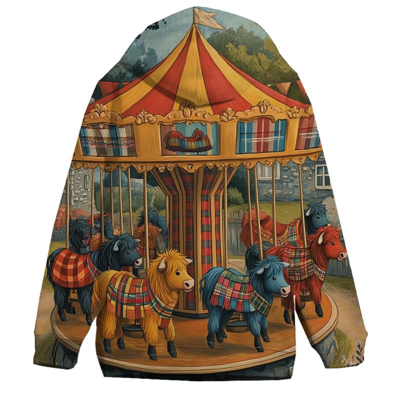 Village Fairground Highland Cow Carousel embroidered hoodies
